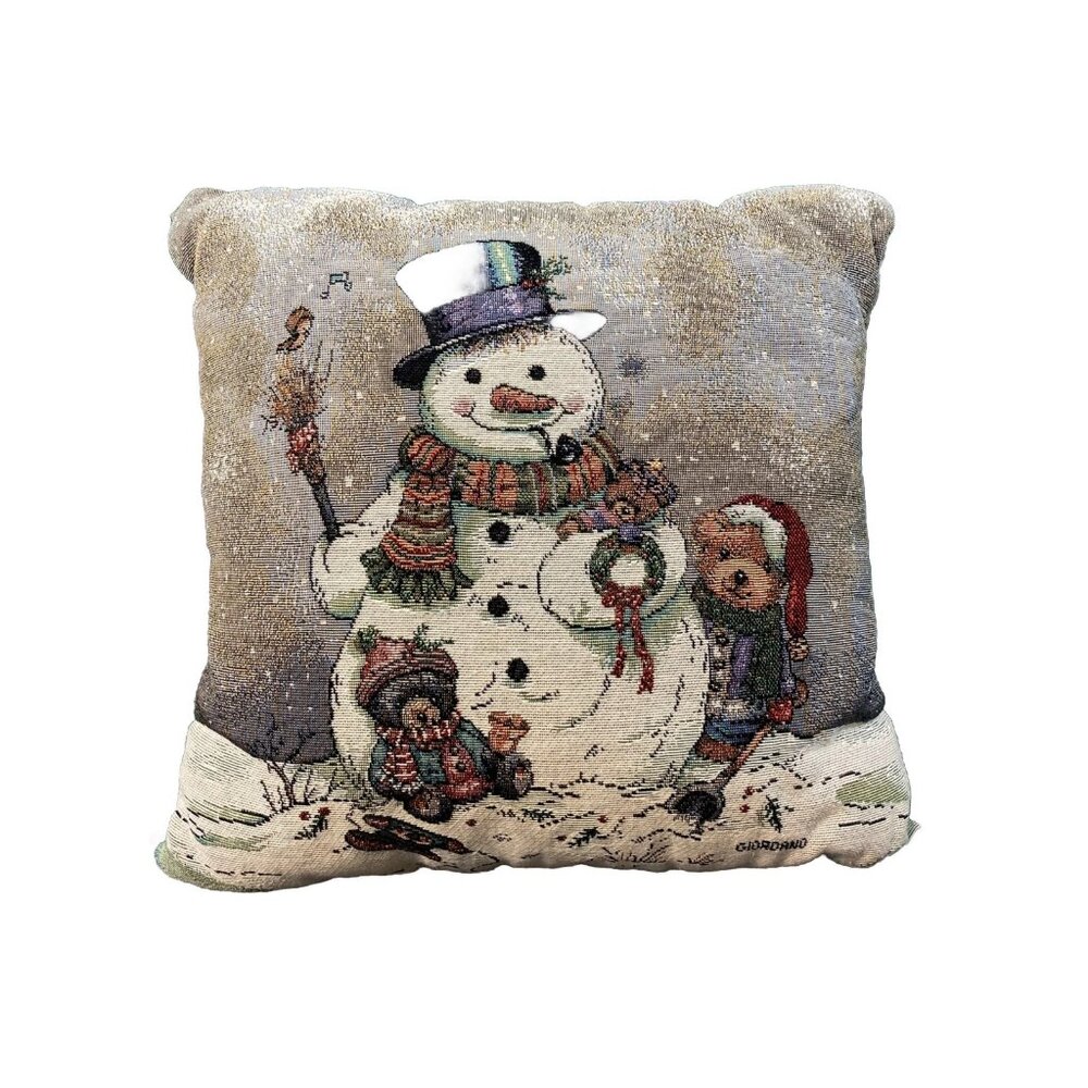 Christmas Tapestry Throw Pillow Giordano Snowman Bears 15 inch Green Back Winte